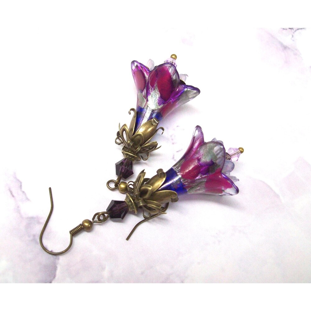Boho Orchid Flower Earrings Antique Bronze, Hand Painted, Artisan Crafted Floral
